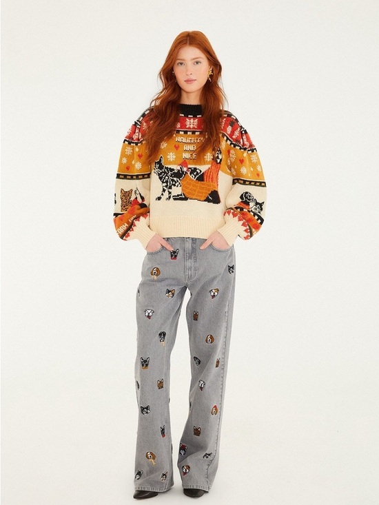 FARM Rio Pants - Farm Rio: Multicolor Cats And Dogs Embroidery Denim Pants
